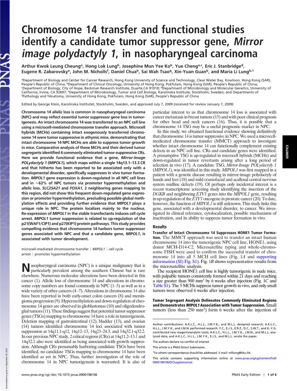 Chromosome 14 Transfer and Functional Studies Identify a Candidate Tumor Suppressor Gene, Mirror Image Polydactyly 1, in Nasopharyngeal Carcinoma