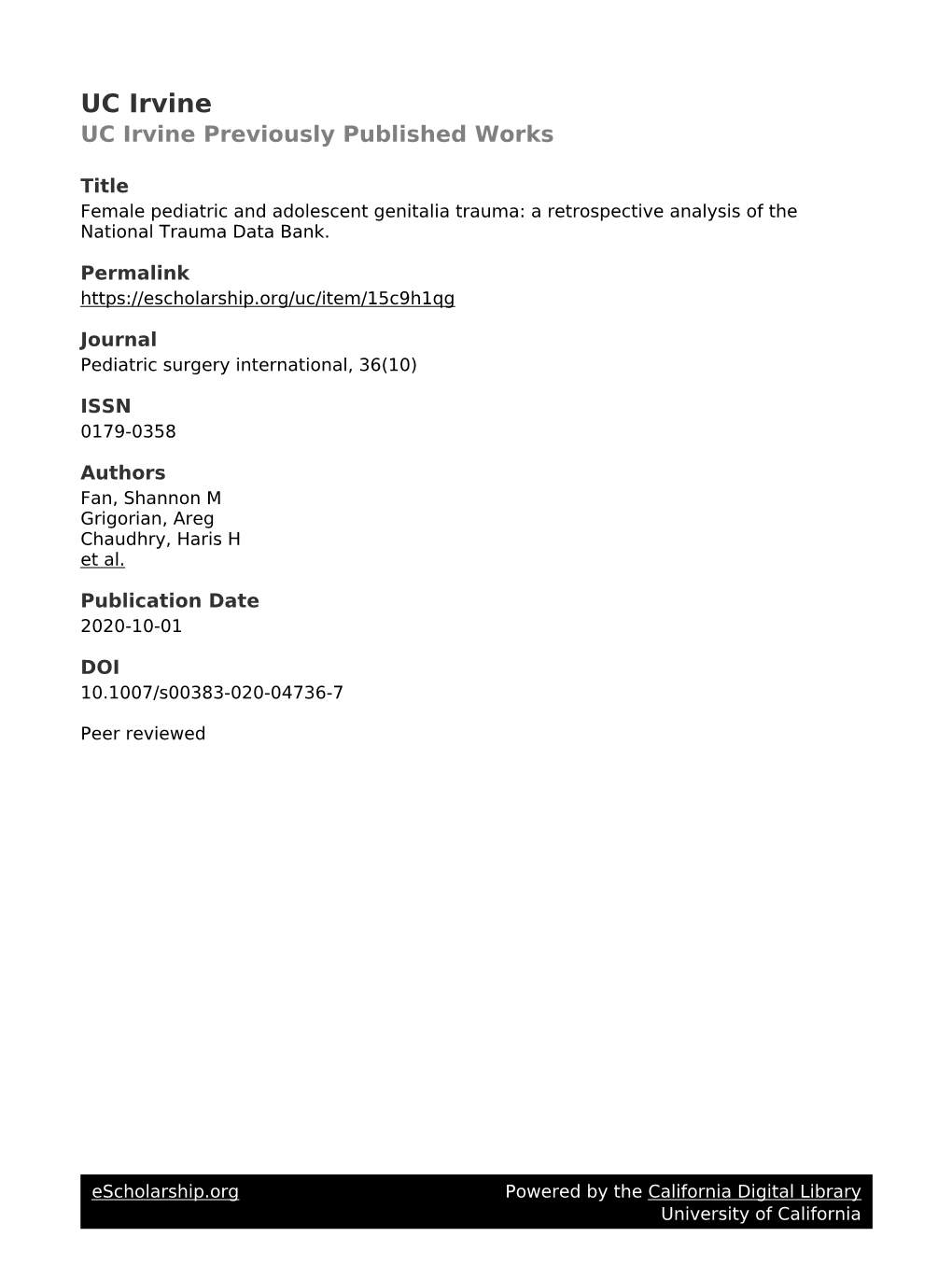 Female Pediatric and Adolescent Genitalia Trauma: a Retrospective Analysis of the National Trauma Data Bank