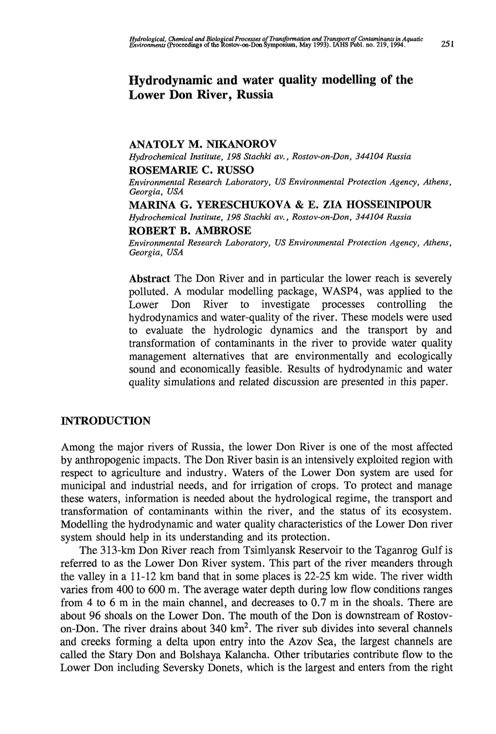 Hydrodynamic and Water Quality Modelling of the Lower Don River, Russia