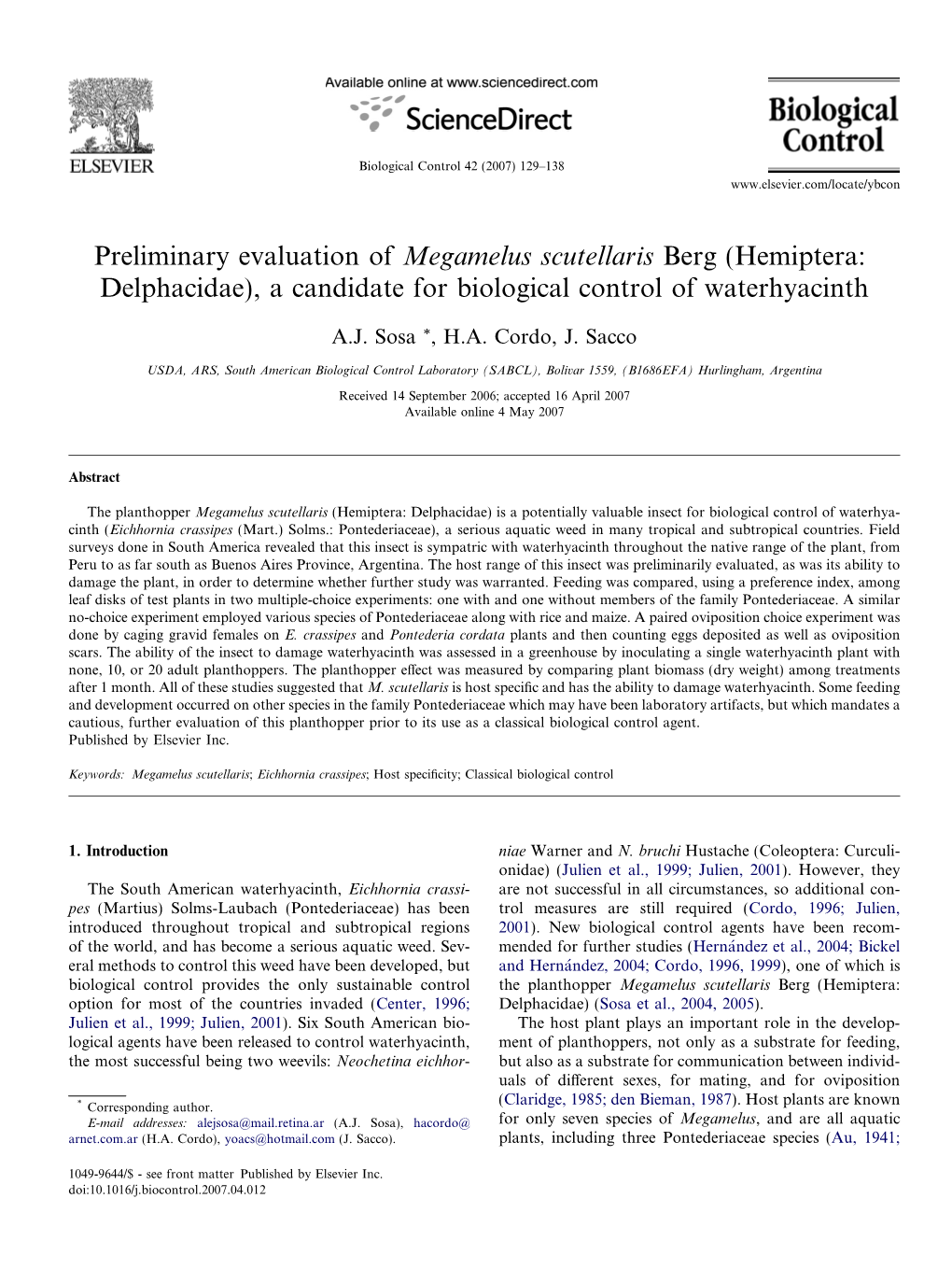 Preliminary Evaluation of Megamelus Scutellaris Berg (Hemiptera: Delphacidae), a Candidate for Biological Control of Waterhyacinth