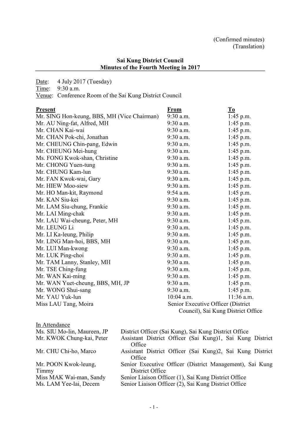 Sai Kung District Council Minutes of the Fourth Meeting in 2017 Date