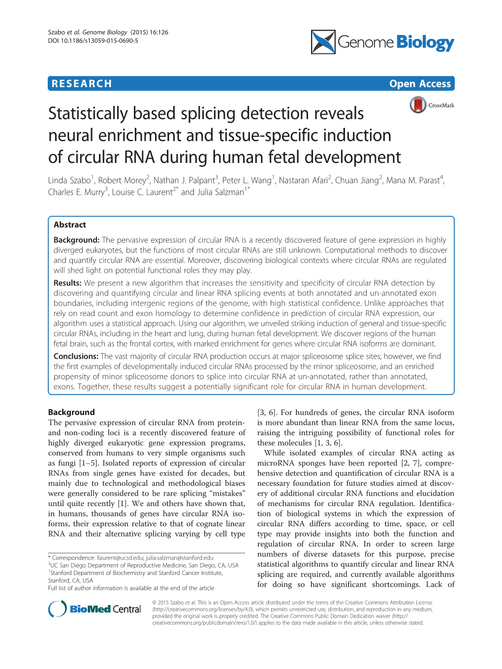 Statistically Based Splicing Detection Reveals Neural Enrichment and Tissue-Specific Induction of Circular RNA During Human Feta