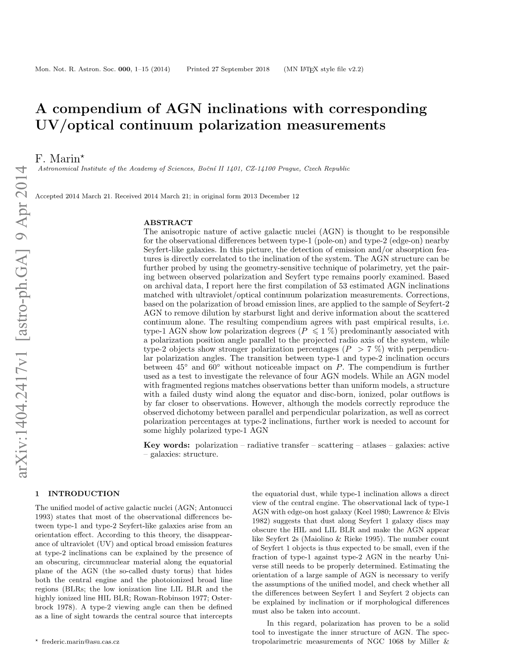 A Compendium of AGN Inclinations with Corresponding UV/Optical Continuum Polarization Measurements