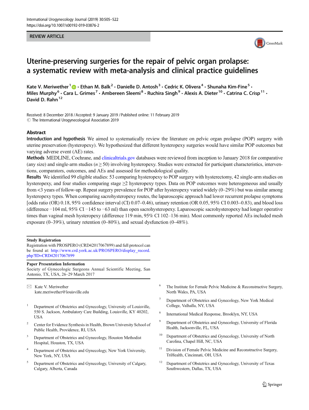 Uterine-Preserving Surgeries for the Repair of Pelvic Organ Prolapse: a Systematic Review with Meta-Analysis and Clinical Practice Guidelines