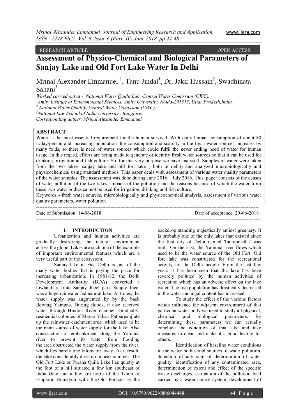 Assessment of Physico-Chemical and Biological Parameters of Sanjay Lake and Old Fort Lake Water in Delhi