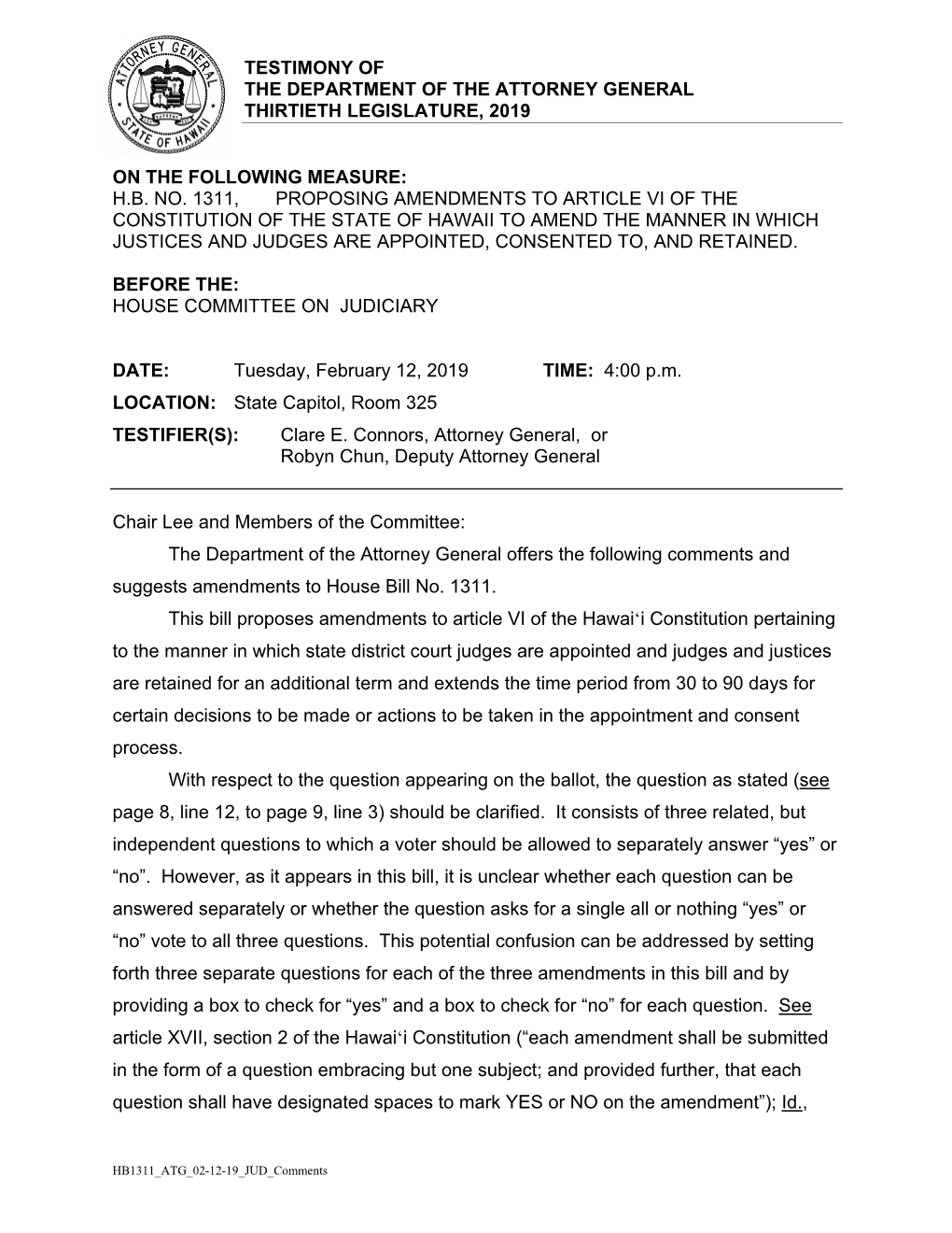 Testimony of the Department of the Attorney General Thirtieth Legislature, 2019 on the Following Measure: H.B. No. 1311