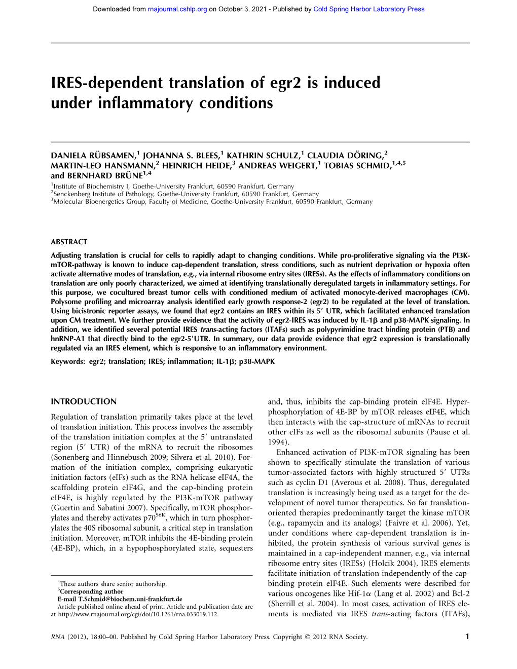 IRES-Dependent Translation of Egr2 Is Induced Under Inflammatory Conditions