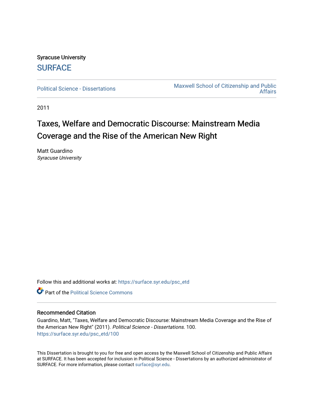 Taxes, Welfare and Democratic Discourse: Mainstream Media Coverage and the Rise of the American New Right