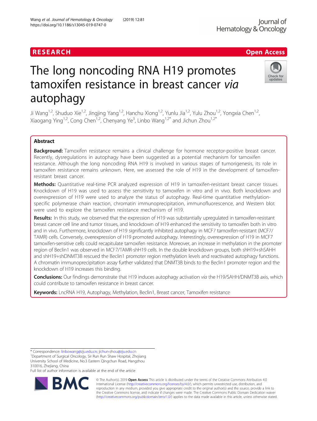 The Long Noncoding RNA H19 Promotes Tamoxifen Resistance In