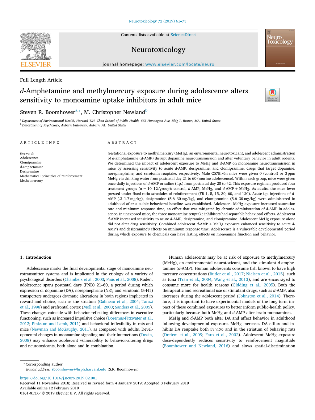 D-Amphetamine and Methylmercury Exposure During Adolescence Alters T Sensitivity to Monoamine Uptake Inhibitors in Adult Mice ⁎ Steven R