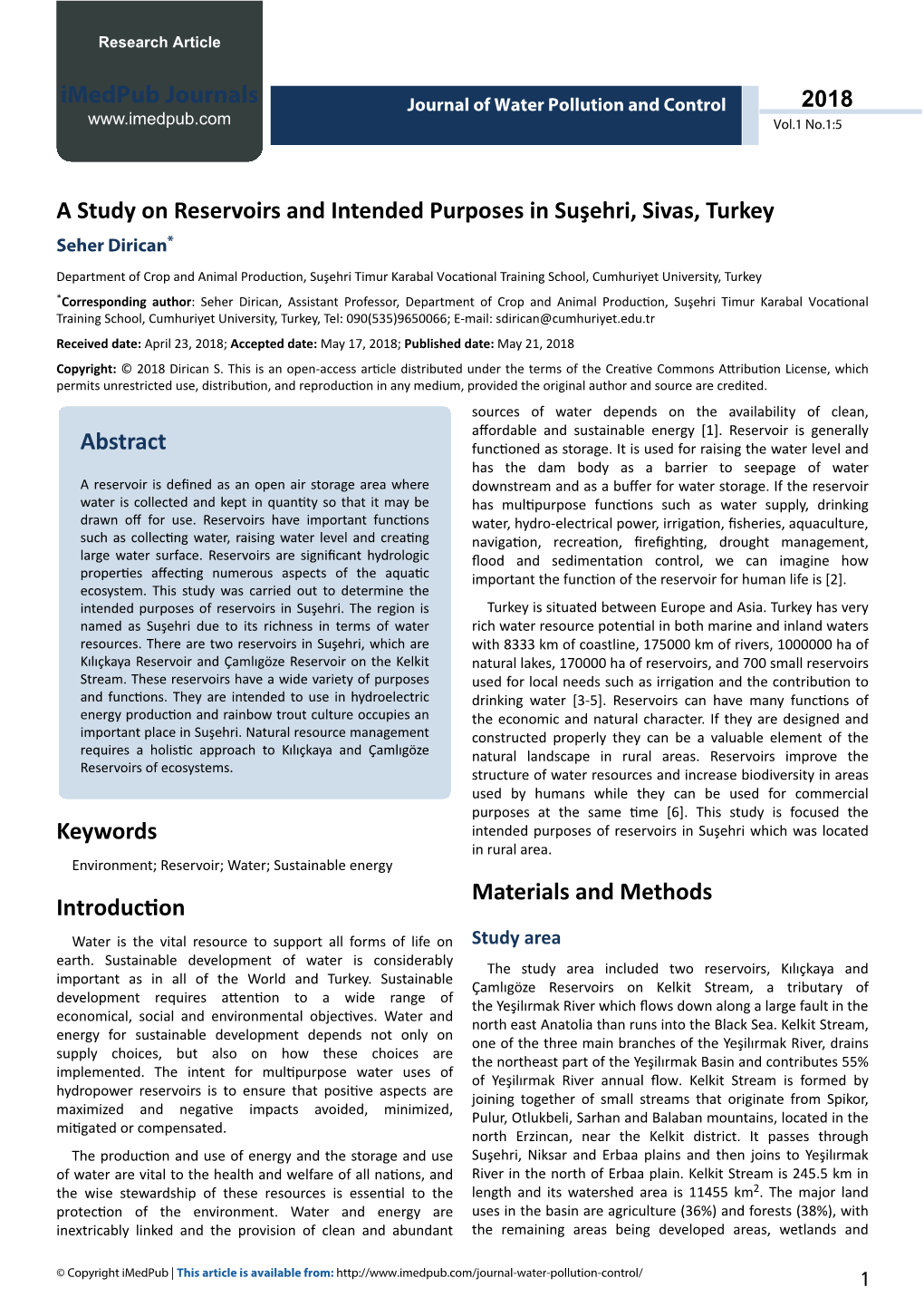 A Study on Reservoirs and Intended Purposes in Suşehri, Sivas, Turkey Seher Dirican*