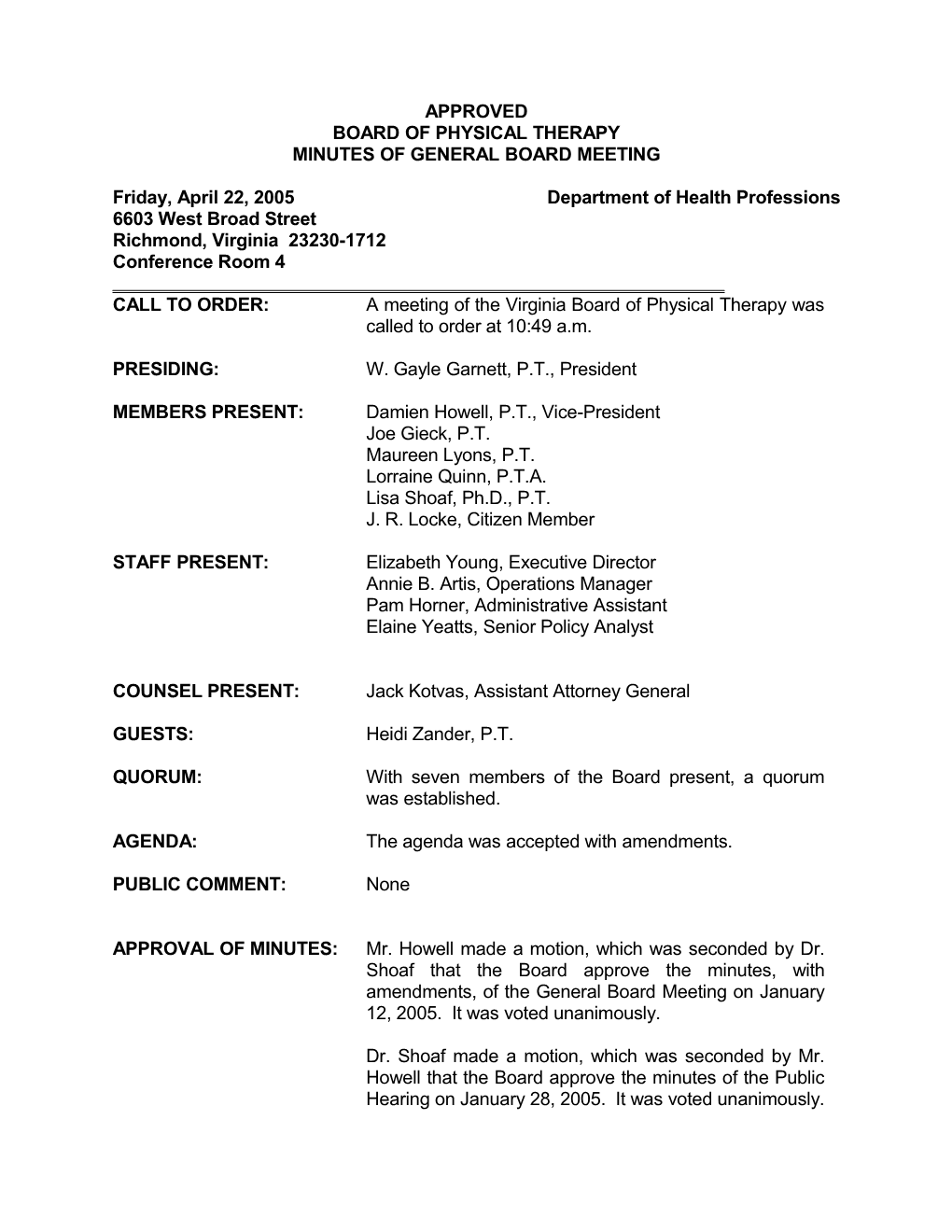 Physical Therapy - Board Meeting Minutes - April 22, 2005