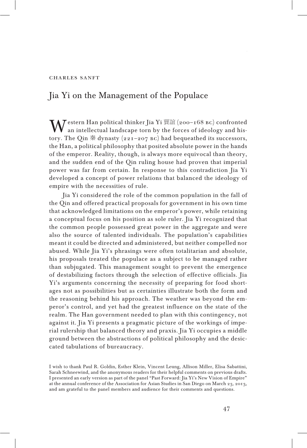 Jia Yi on the Management of the Populace