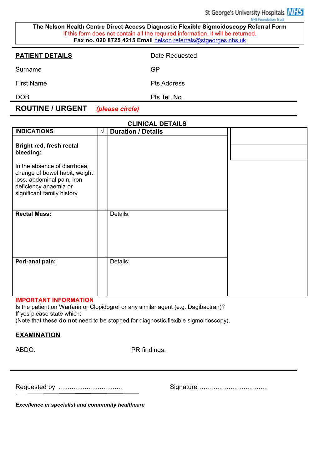 The Nelson Health Centre Direct Access Diagnostic Flexible Sigmoidoscopy Referral Form