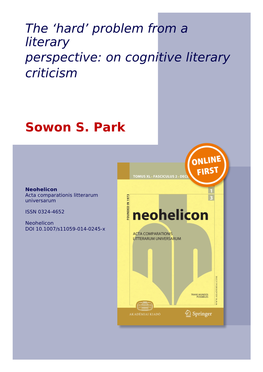 On Cognitive Literary Criticism Sowon S. Park