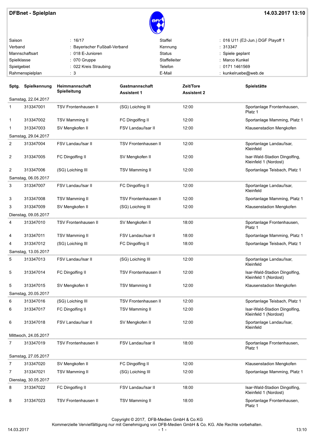 Dfbnet - Spielplan 14.03.2017 13:10