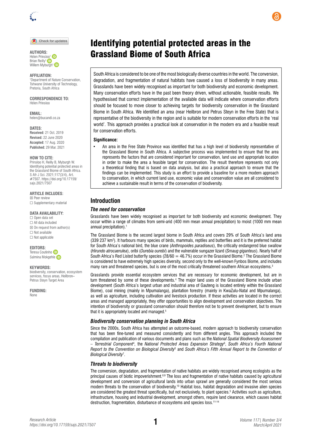 Identifying Potential Protected Areas in the Grassland Biome of South Africa