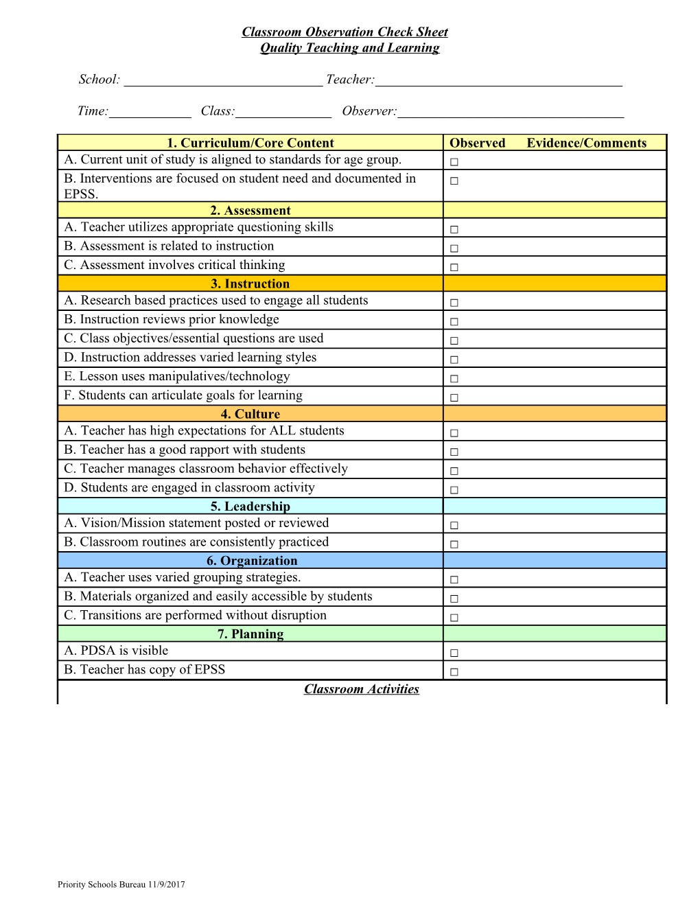 Classroom Observation Check Sheet