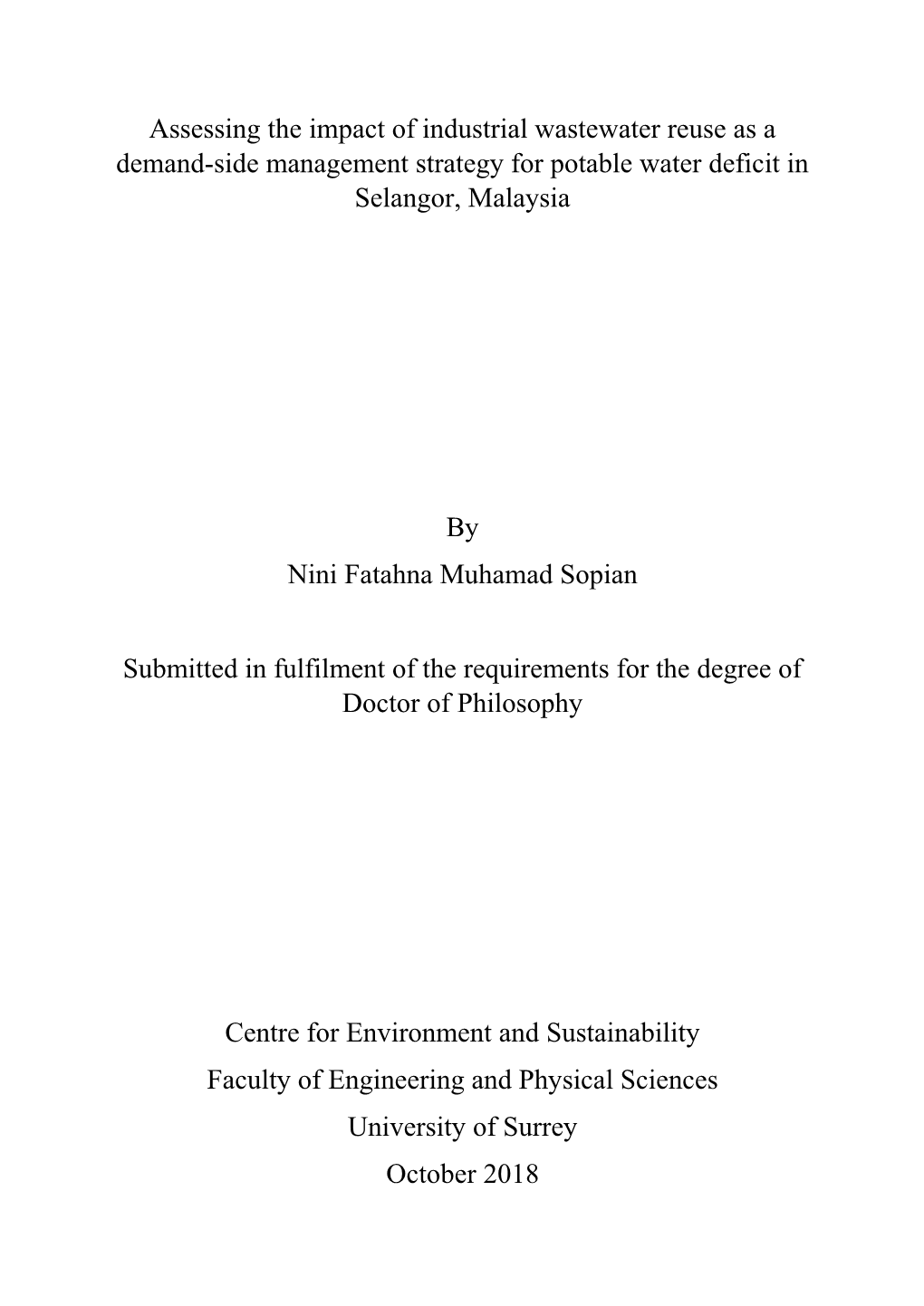 Assessing the Impact of Industrial Wastewater Reuse As a Demand-Side Management Strategy for Potable Water Deficit in Selangor, Malaysia