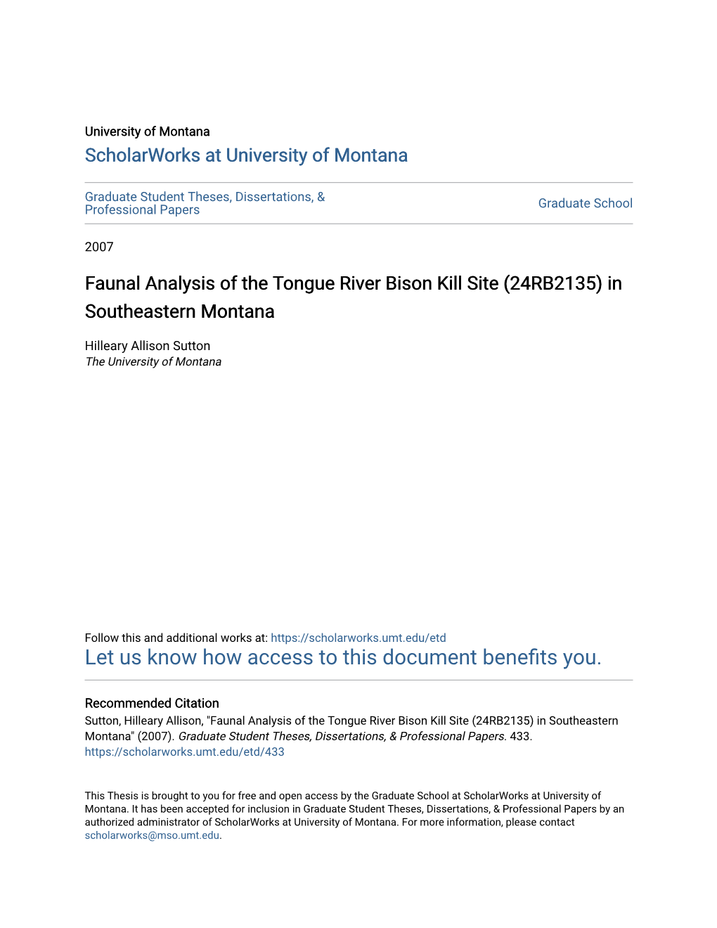 Faunal Analysis of the Tongue River Bison Kill Site (24RB2135) in Southeastern Montana