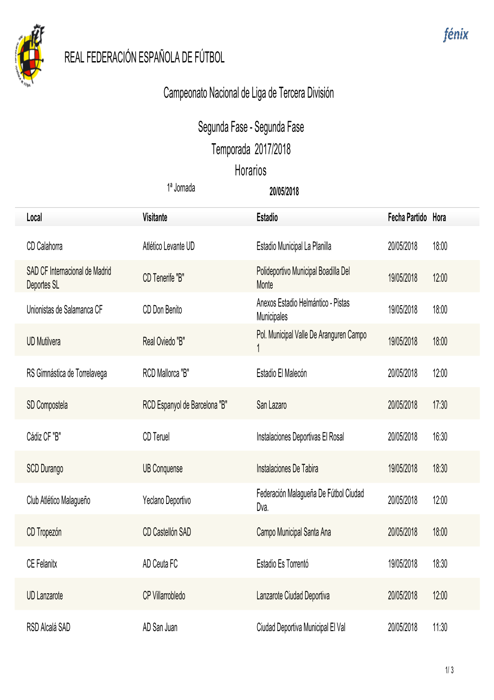 Horarios, Tercera División, Segunda Fase, Primera Eliminatoria