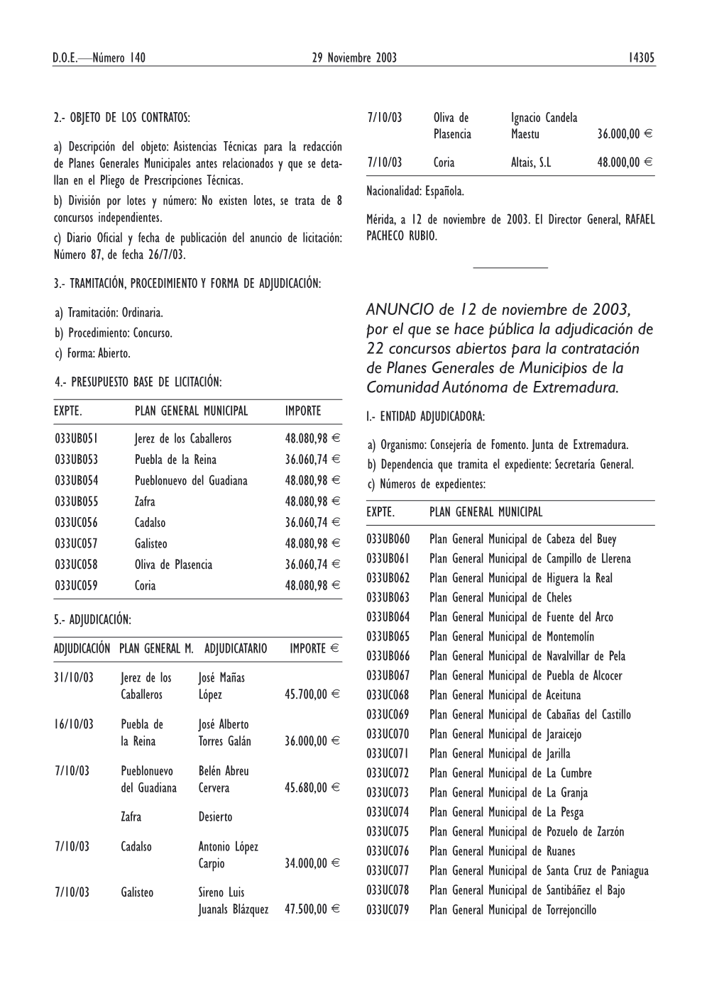 ANUNCIO De 12 De Noviembre De 2003, Por El Que Se Hace Pública La