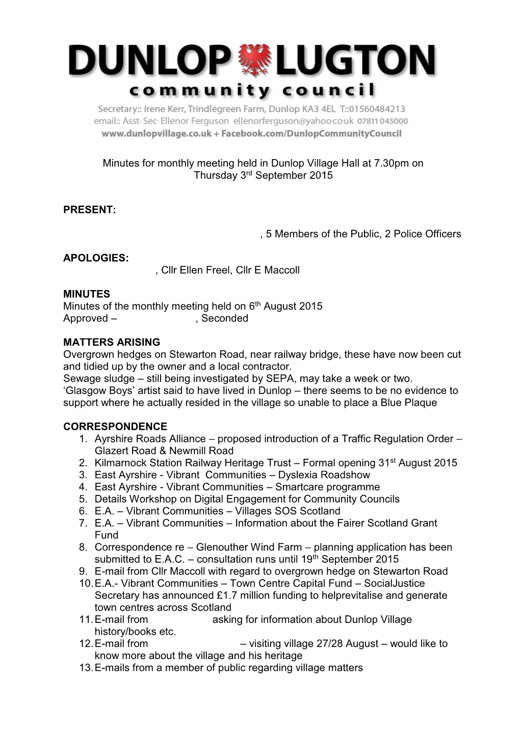 Dunlop and Lugton Community Council Minutes 3 September 2015