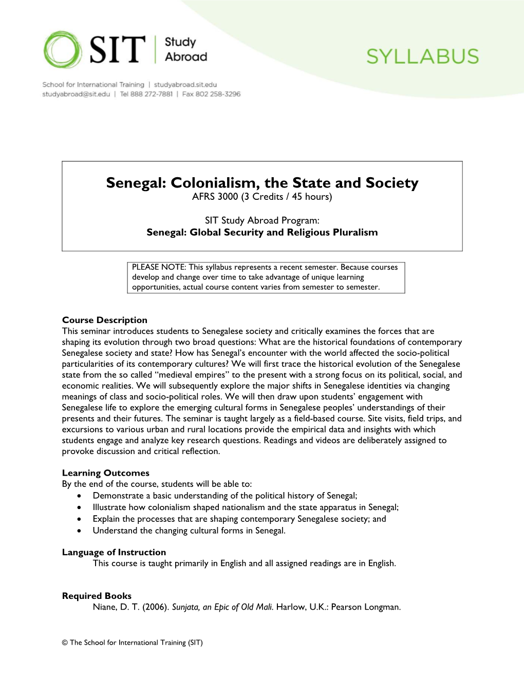 Senegal: Colonialism, the State and Society – Syllabus