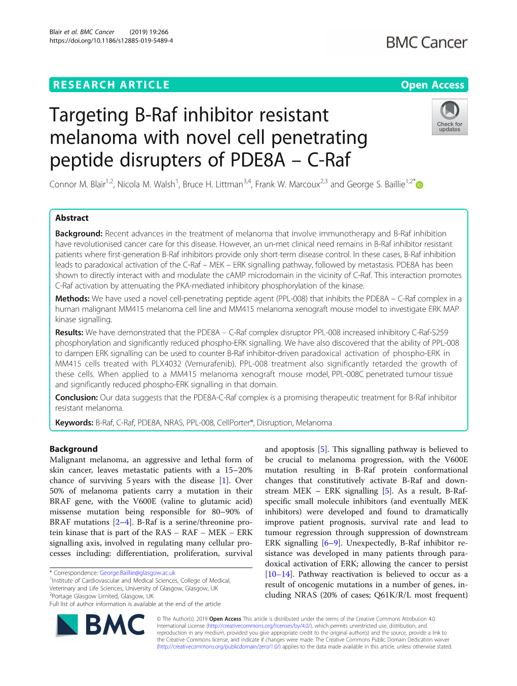 Targeting B-Raf Inhibitor Resistant Melanoma with Novel Cell Penetrating Peptide Disrupters of PDE8A – C-Raf Connor M