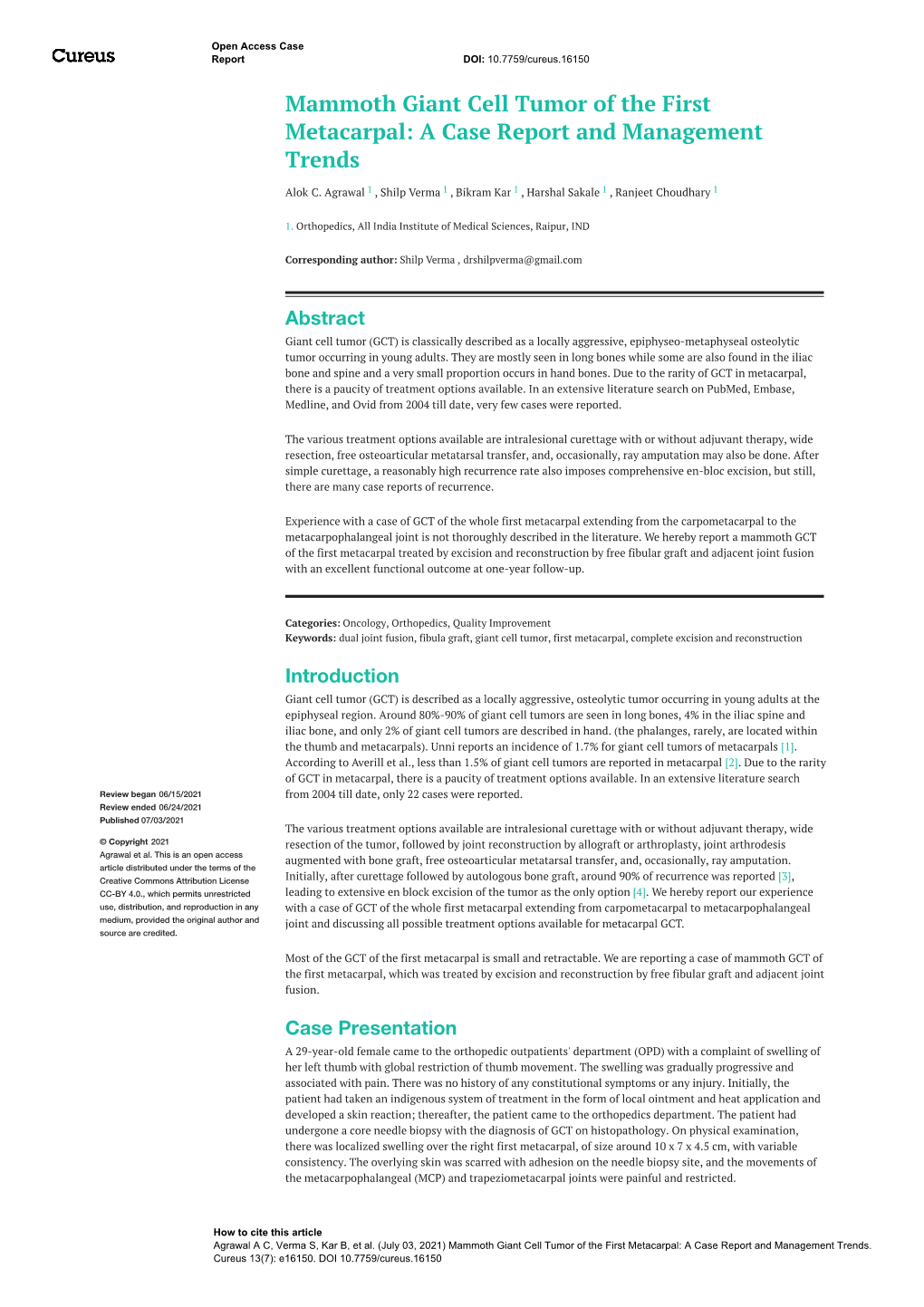 Mammoth Giant Cell Tumor of the First Metacarpal: a Case Report and Management Trends