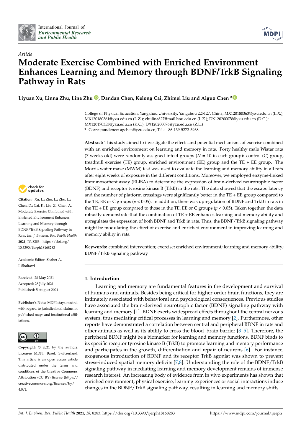 Moderate Exercise Combined with Enriched Environment Enhances Learning and Memory Through BDNF/Trkb Signaling Pathway in Rats