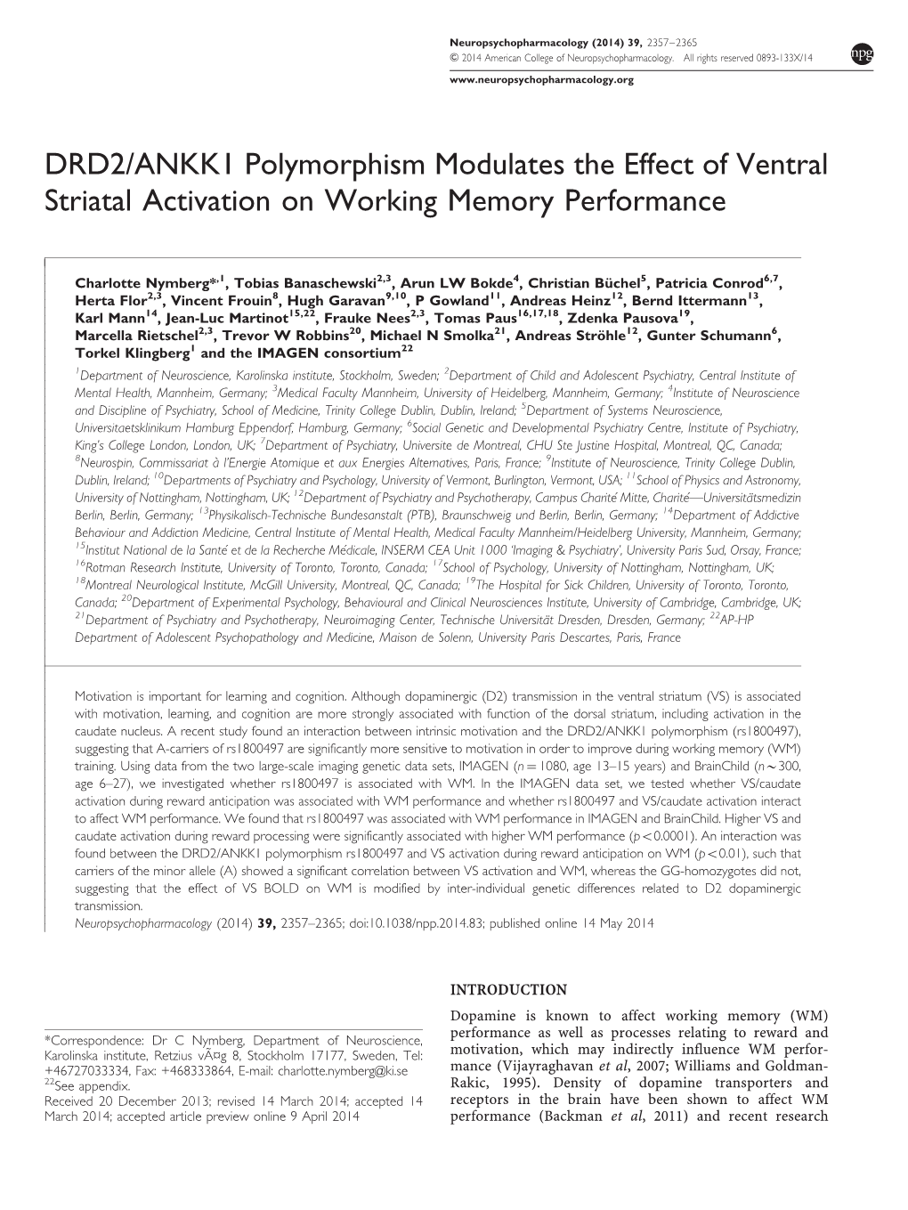 ANKK1 Polymorphism Modulates the Effect of Ventral Striatal Activation on Working Memory Performance