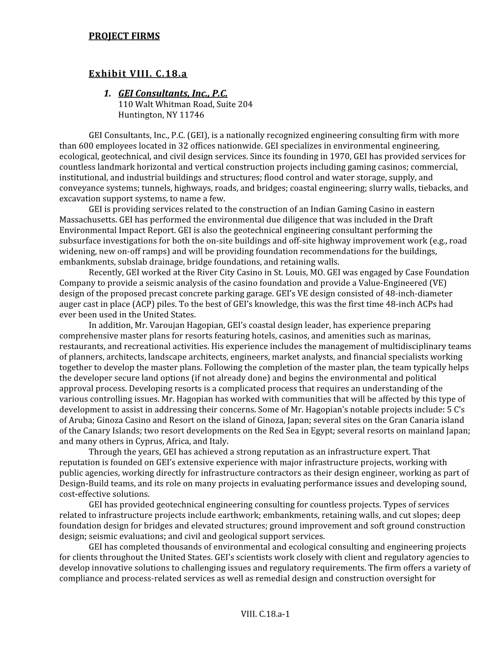 PROJECT FIRMS Exhibit VIII. C.18.A 1. GEI Consultants, Inc., P.C