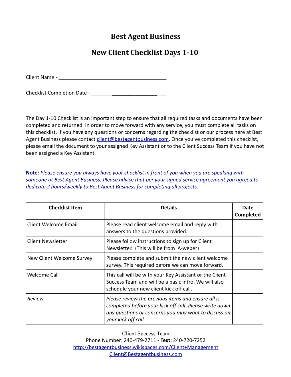 New Client Checklist Days 1-10