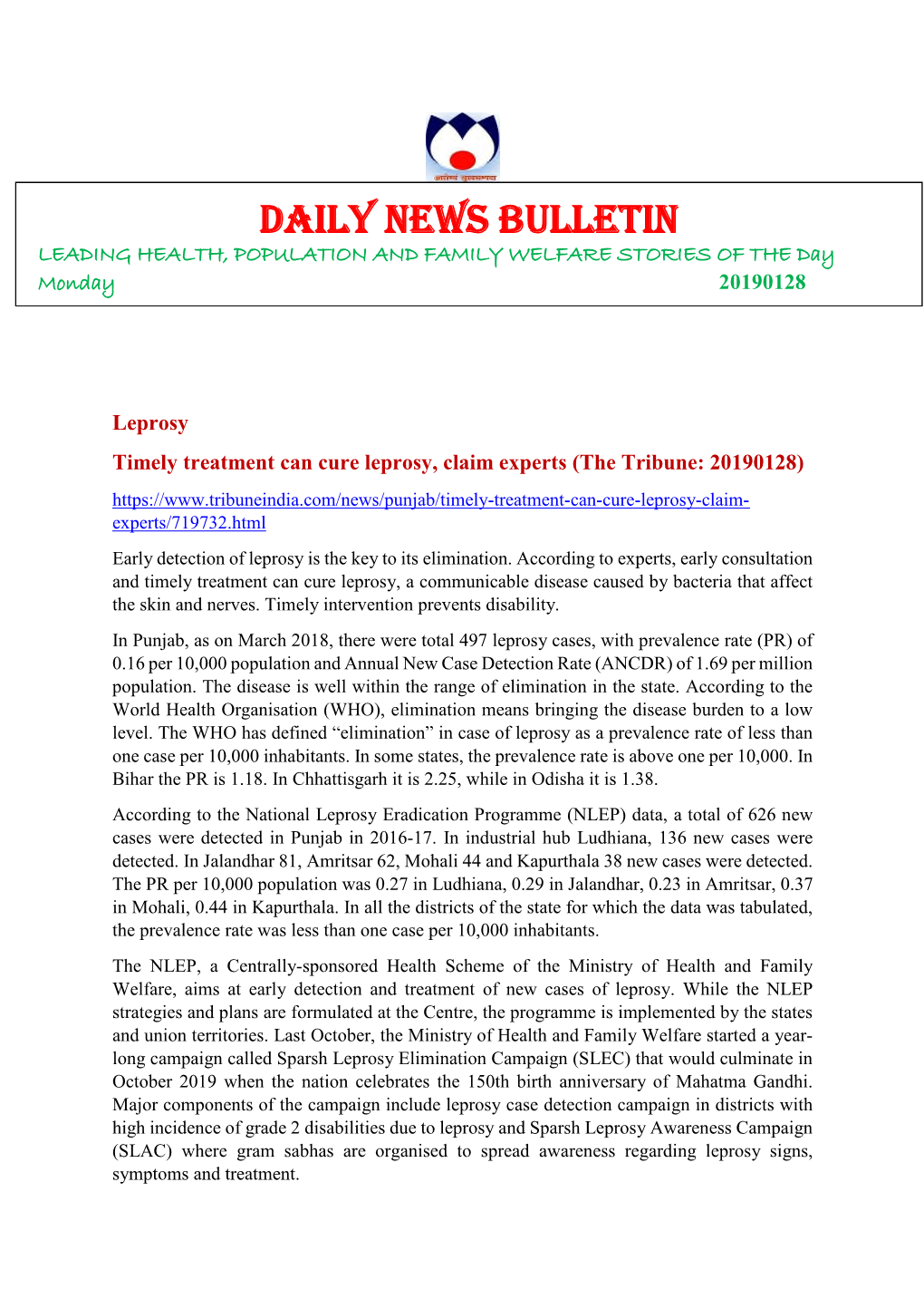 DAILY NEWS BULLETIN LEADING HEALTH, POPULATION and FAMILY WELFARE STORIES of the Day Monday 20190128