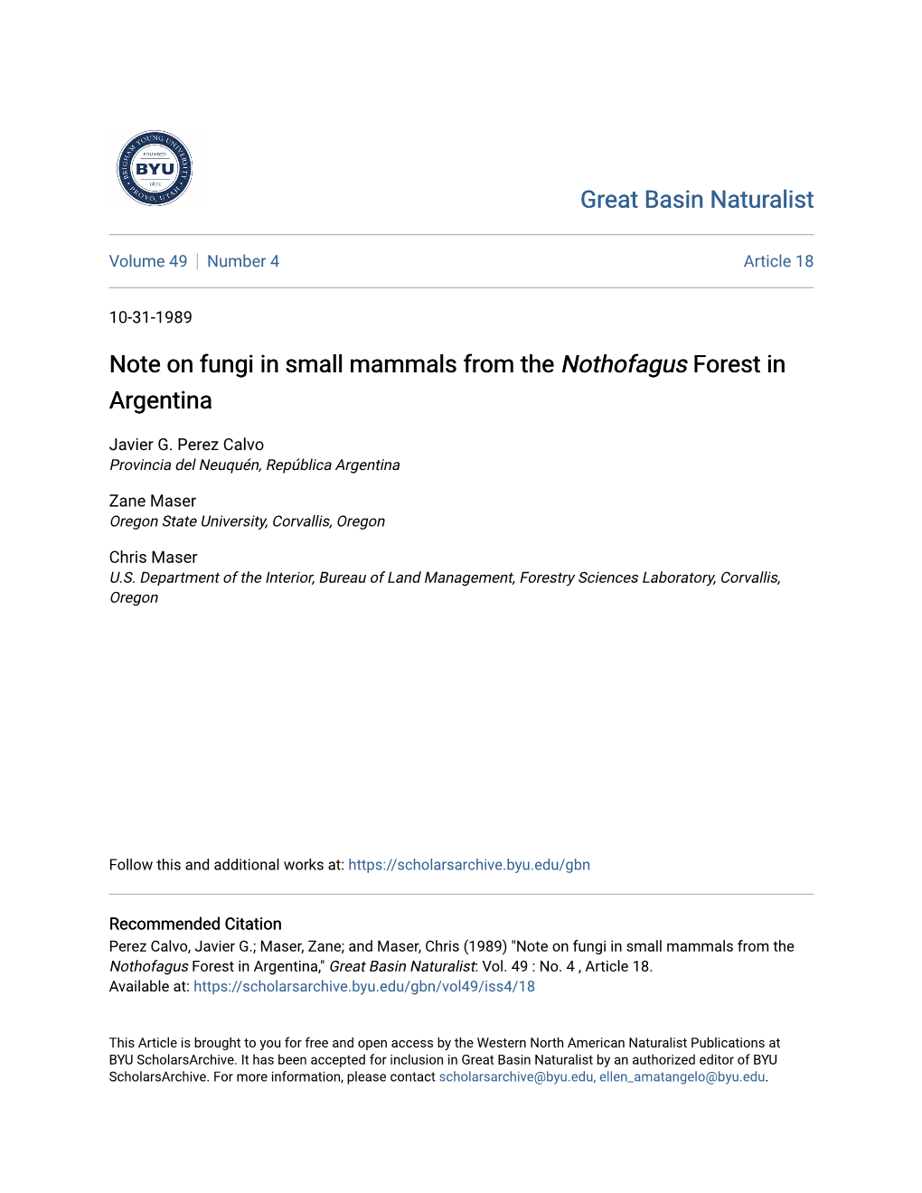 Note on Fungi in Small Mammals from the Nothofagus Forest in Argentina