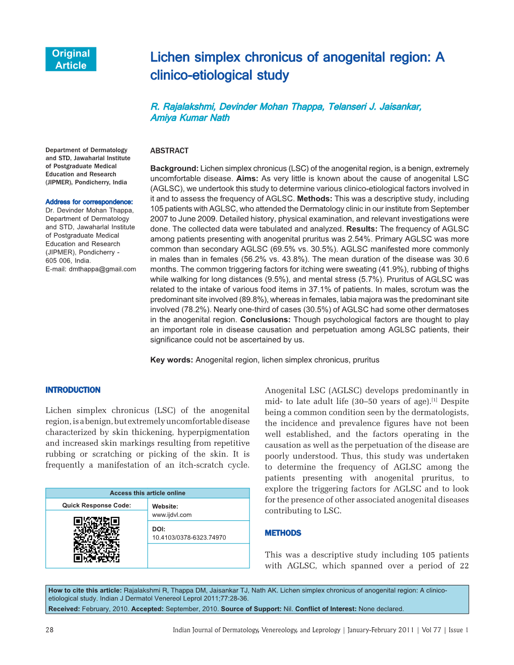 Lichen Simplex Chronicus of Anogenital Region: a Article Clinico-Etiological Study
