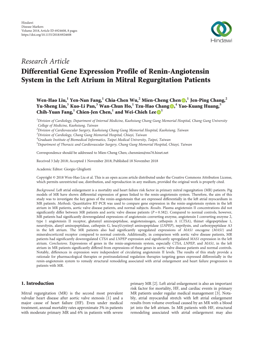 Research Article Differential Gene Expression Profile of Renin-Angiotensin System in the Left Atrium in Mitral Regurgitation Patients