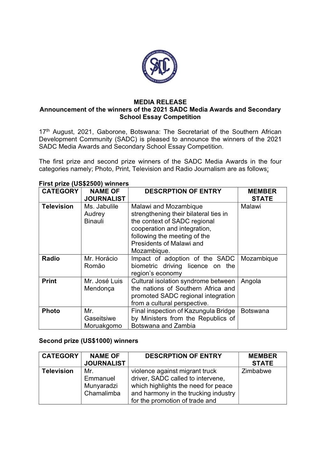 MEDIA RELEASE Announcement of the Winners of the 2021 SADC Media Awards and Secondary School Essay Competition