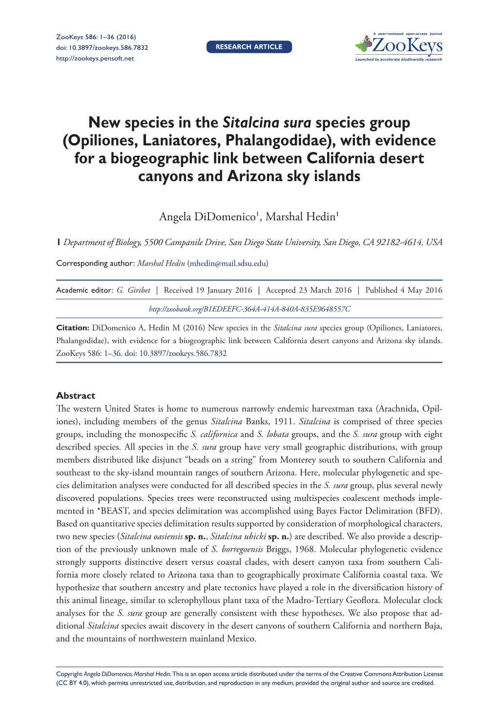 Opiliones, Laniatores, Phalangodidae), with Evidence for a Biogeographic Link Between California Desert Canyons and Arizona Sky Islands