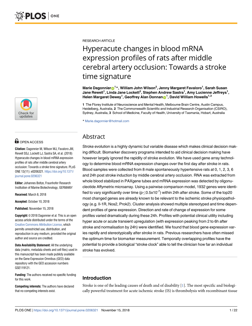 Hyperacute Changes in Blood Mrna Expression Profiles of Rats After Middle Cerebral Artery Occlusion: Towards a Stroke Time Signature