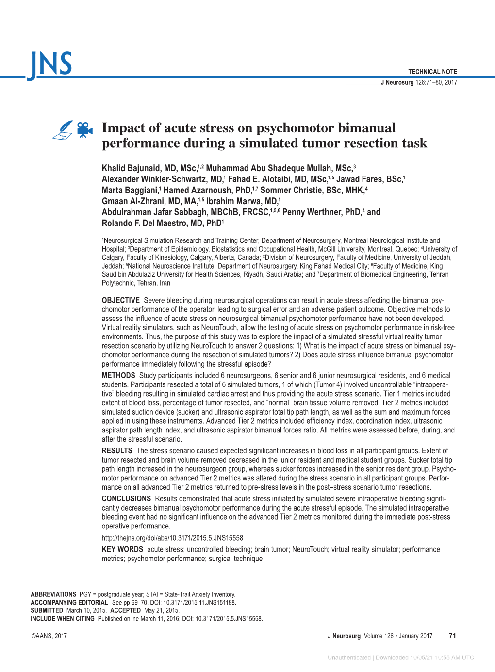 Impact of Acute Stress on Psychomotor Bimanual Performance During a Simulated Tumor Resection Task