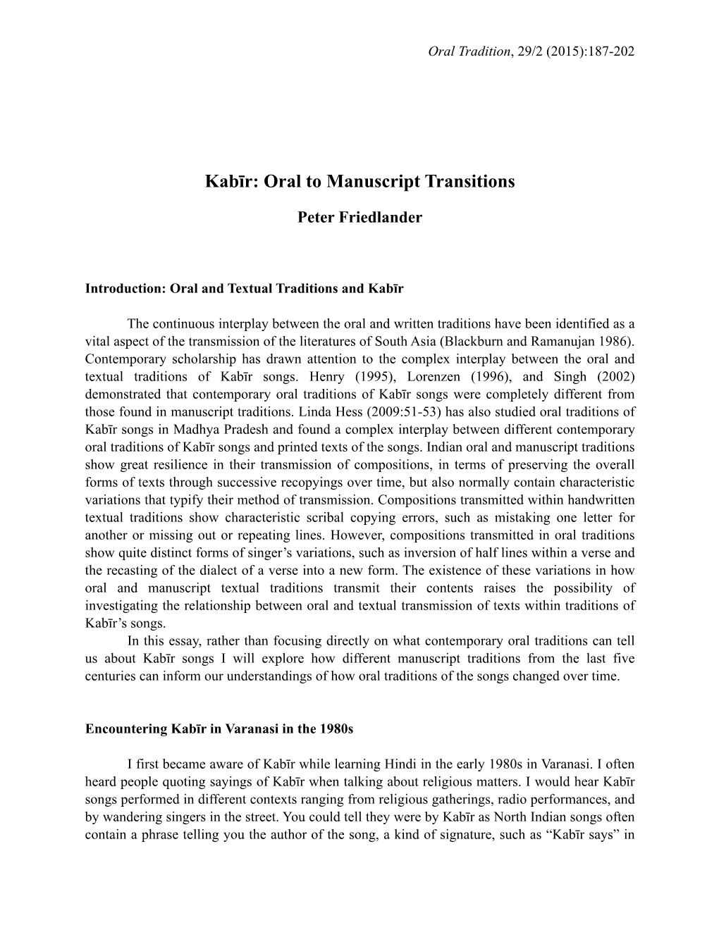 Kabīr: Oral to Manuscript Transitions
