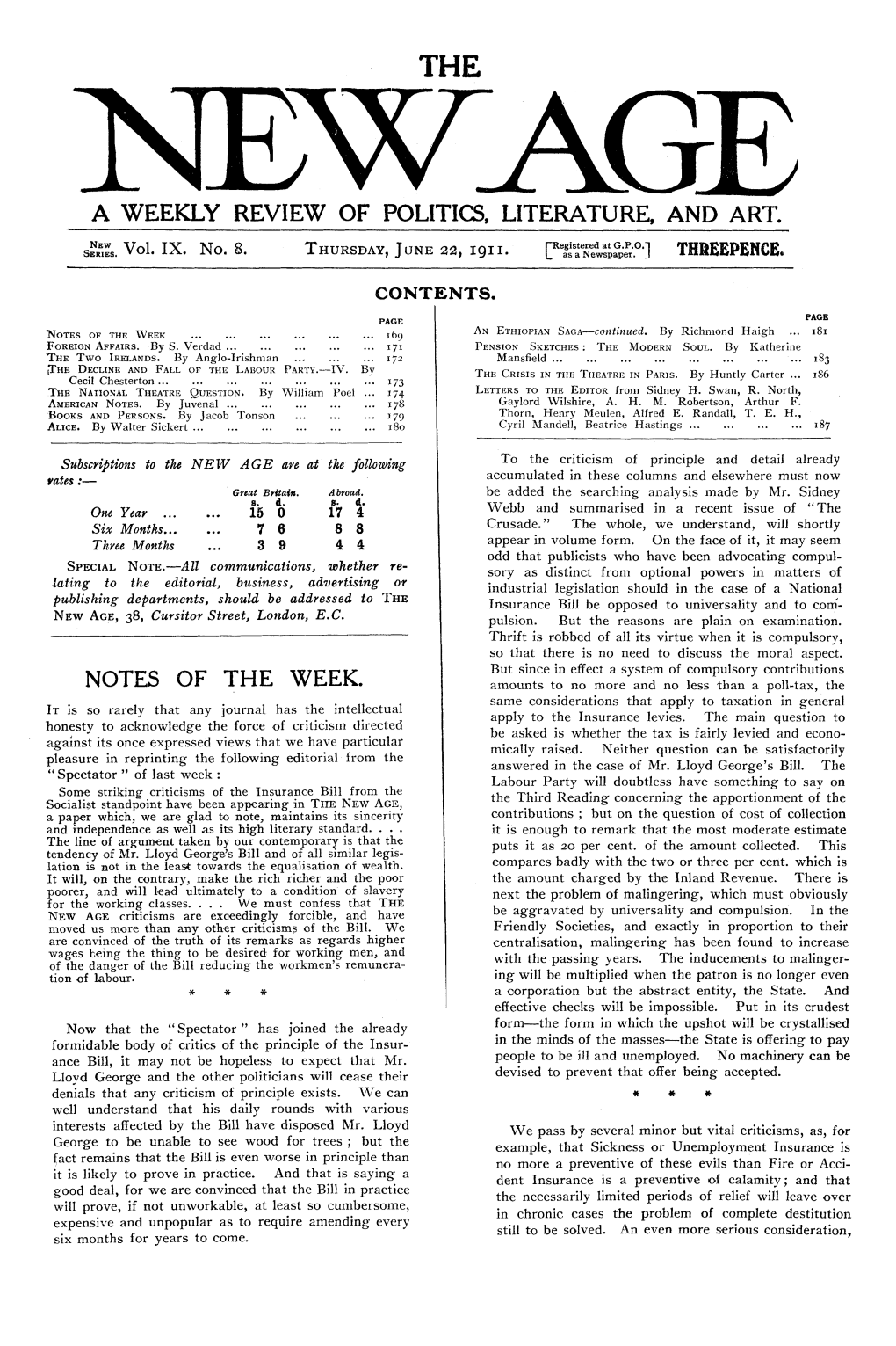 New Age, Vol. 9, No.8, June 22, 1911