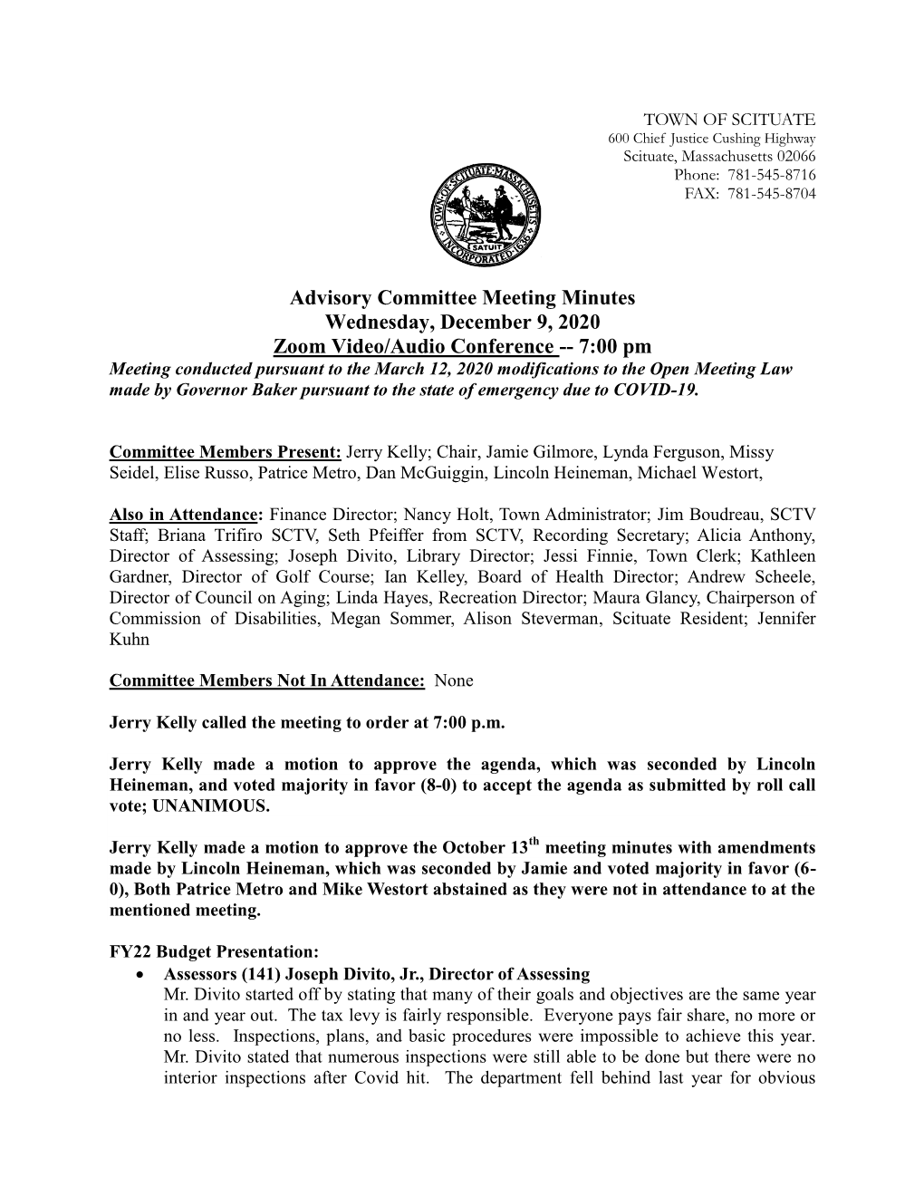 Advisory Committee Minutes December 9, 2020