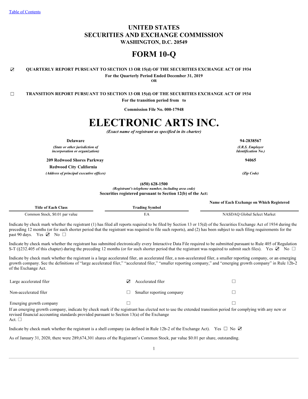 ELECTRONIC ARTS INC. (Exact Name of Registrant As Specified in Its Charter)