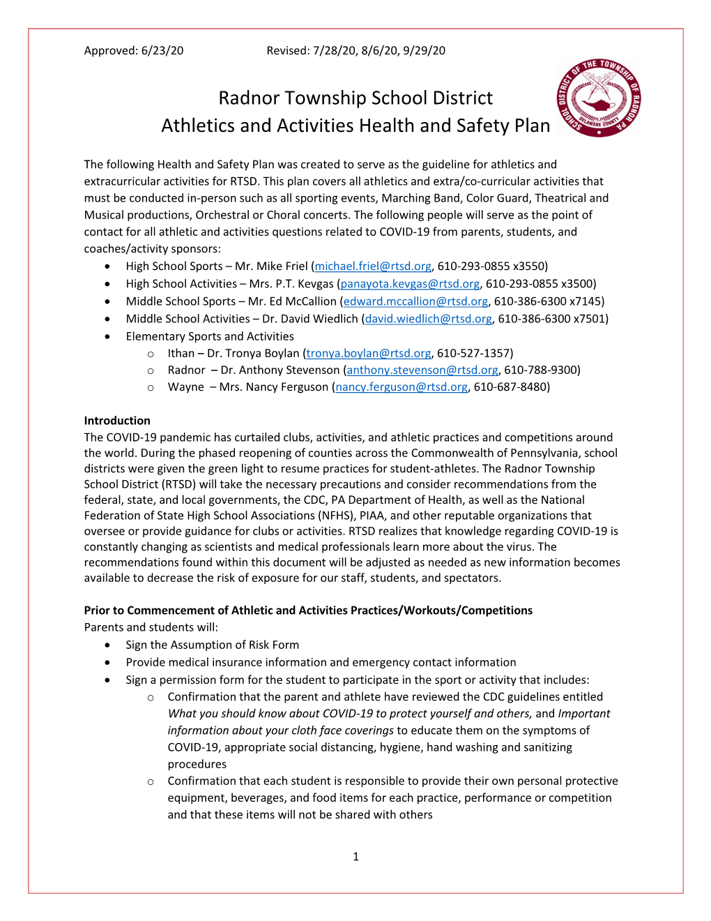 RTSD Athletics and Activities Health and Safety Plan