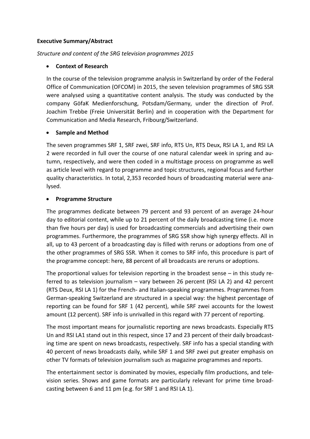 Structure and Content of the SRG Television Programmes 2015