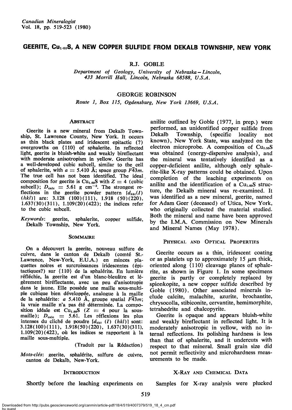 GEERITE, Gu'.Oo$, a NEW COPPER SULFIDE from DEKALB TOWNSH