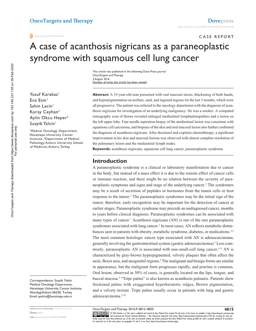 A Case of Acanthosis Nigricans As a Paraneoplastic Syndrome with Squamous Cell Lung Cancer